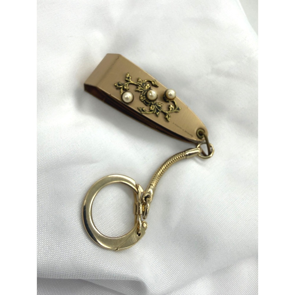 Vintage Gold Tone NYC Faux Pearl Filigree Nail Clipper Keychain Victorian Style